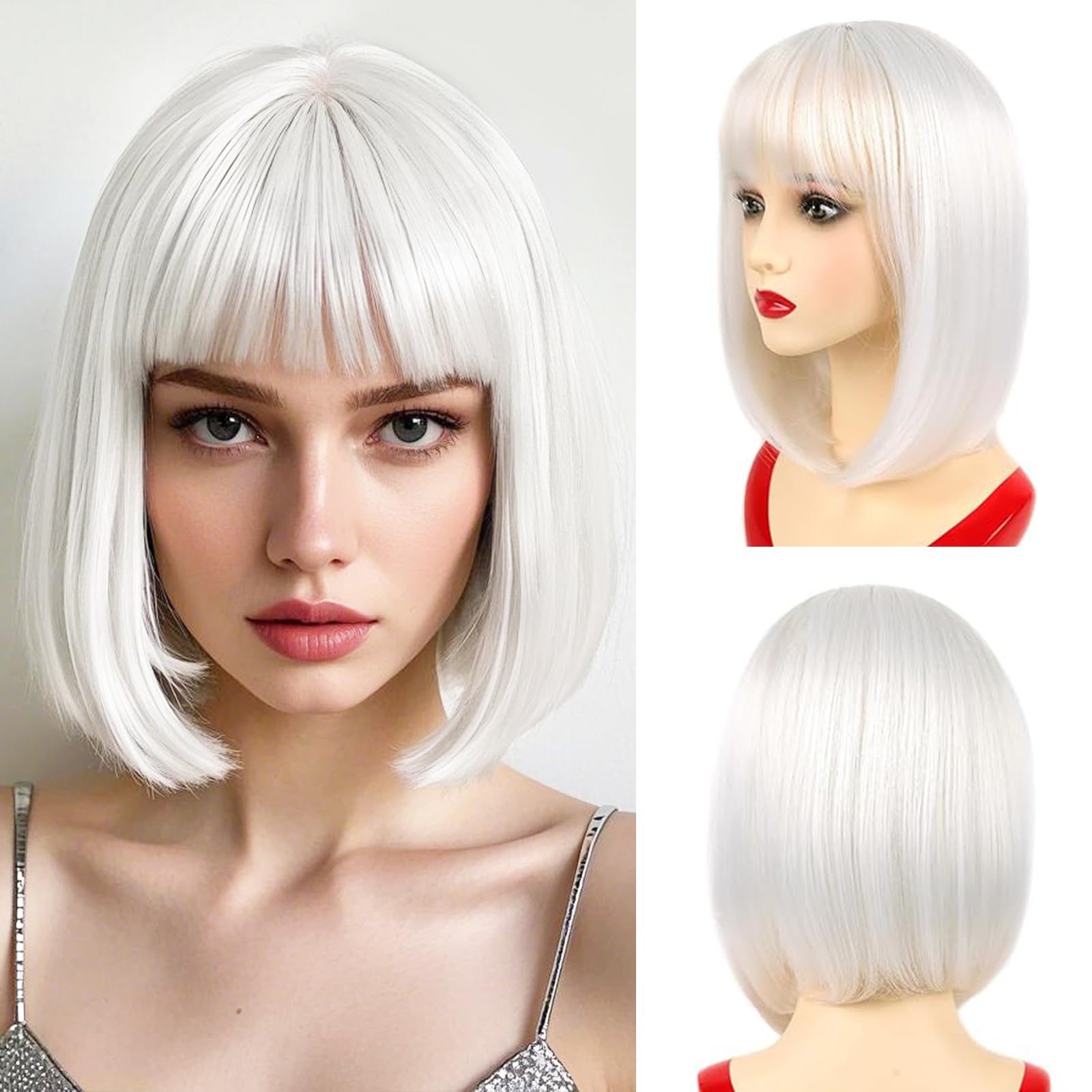 NOTICEME 14 Inch Pure White Bob Wig with Bangs, Short Straight Synthetic Heat Resistant Wigs for Women with Adjustable Straps & Wig Cap for Party