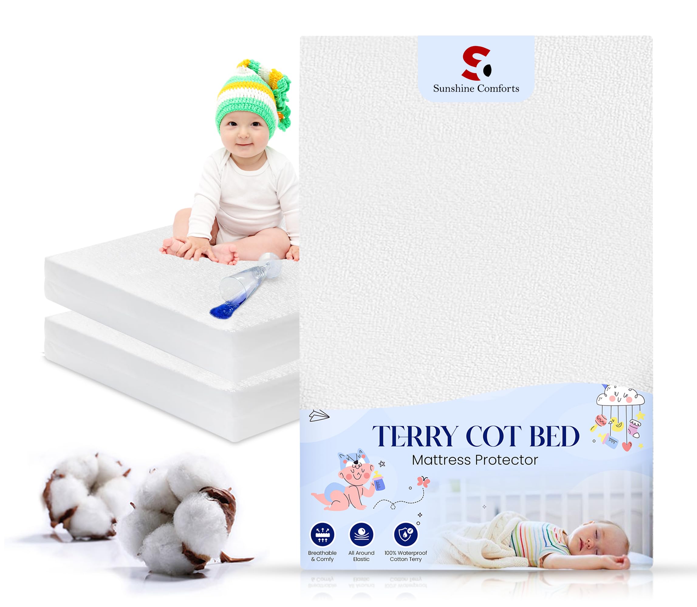 Sunshine Comforts - Waterproof Cot Bed Mattress Protector - Toddler Bed Mattress Protector...