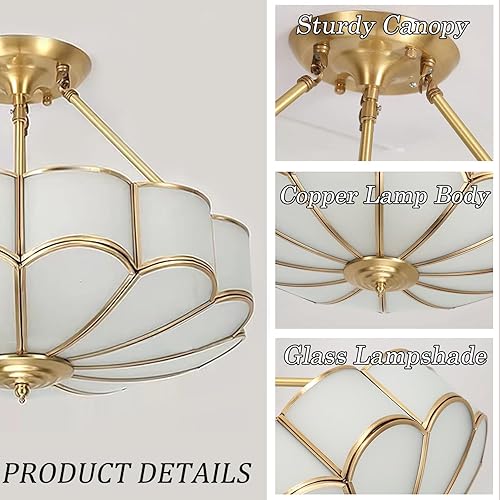 Miniatura 7 de -Lámpara de techo semiempotrada de 4 luces, lámpara de latón con pantalla de vidrio esmerilado, lámpara de comedor dorada, lámpara de techo moderna