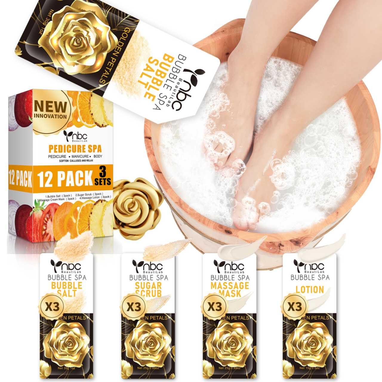 nbc BeautiLab Foot Soak Set: Bubble Salt, Sugar Scrub, Massage Mask, Massage Lotion in a Box