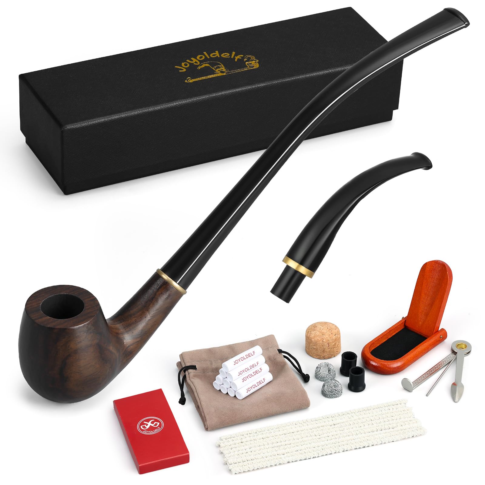 Joyoldelf Ebony Tobacco Pipe Set - Handmade Smoking Pipe with Replaceable Stem, Wood Pipe with Pipe Stand, 9mm Filter and Smoking Accessories, Pipe Starter Kit with Gift Box for Beginner