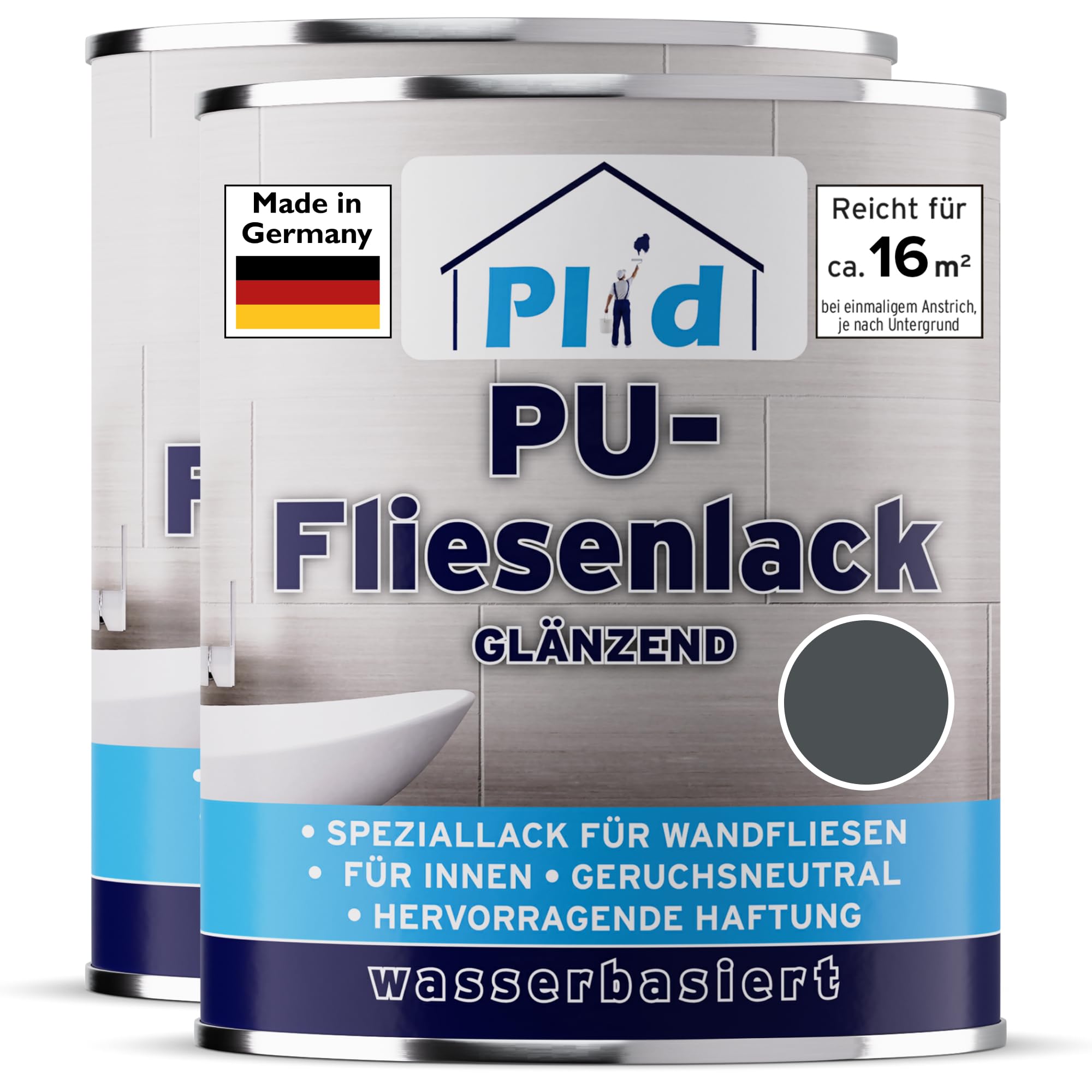 Plid® Farba do płytek łazienkowych i kuchennych [odporna na wilgoć] lakier do płytek w kolorze antracytowo-szarym, 1,5 l, do łazienki – malowanie płytek i lakierowanie wewnątrz – 3 w 1 kolor lakieru
