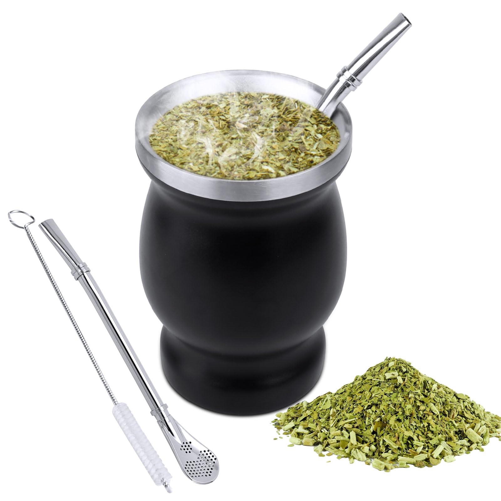 Yerba Mate Tea Cup, Stainless Steel Double Walled Tea Cup Set (Traditional Mate Cup - 8 Ounces), Mate Gourds for Yerba Mate Loose Leaf Drinking with Bombilla Straw & Cleaning Brush, 230 ML (Black)