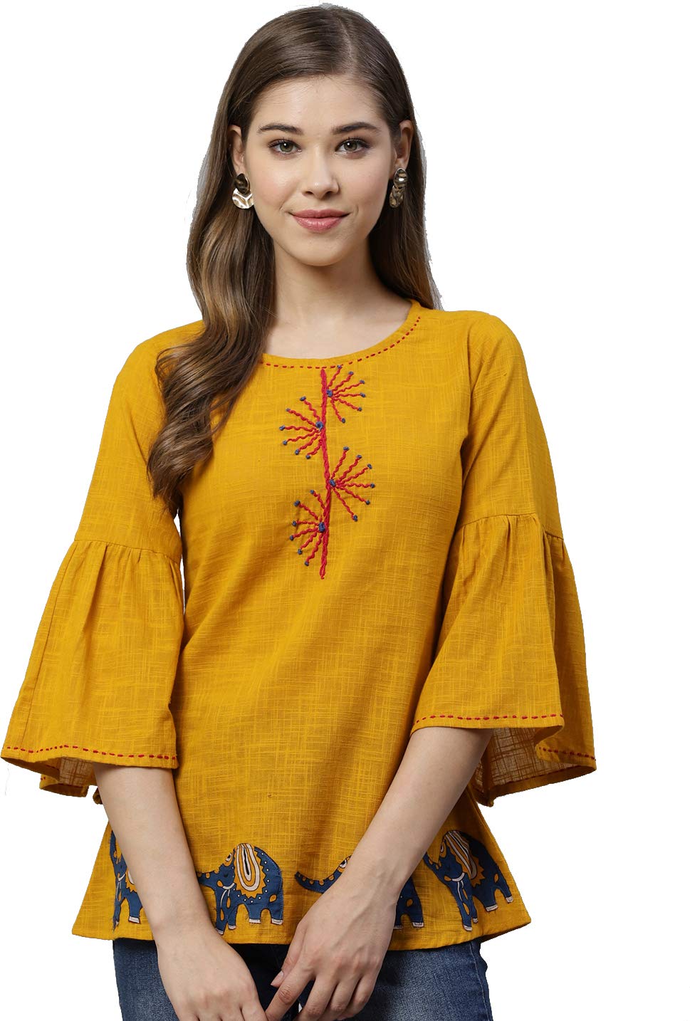 Yash Gallery Women's Cotton Patch Work Straight Regular Fit Top for Women