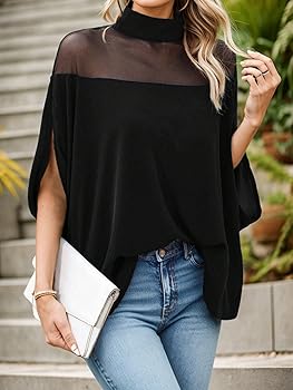 Blouses for Women Trendy Black Stand Collar Sheer Cape Sleeve Blouses for Women Trendy Black Stand Collar Sheer Cape Sleeve