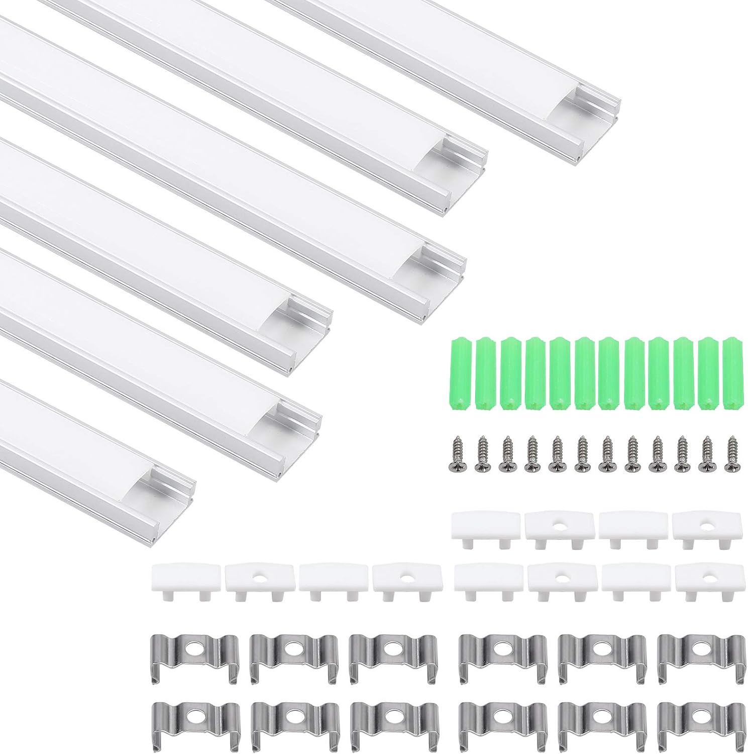 CAMWAY - Juego de 6 Canales LED de Perfil en Forma de U (Aluminio, 1 m, 3,3 Pies) y Difusor para Tira de Luz LED de 12 mm con Cubierta Blanca Lechosa para Armario y Barra de Baño