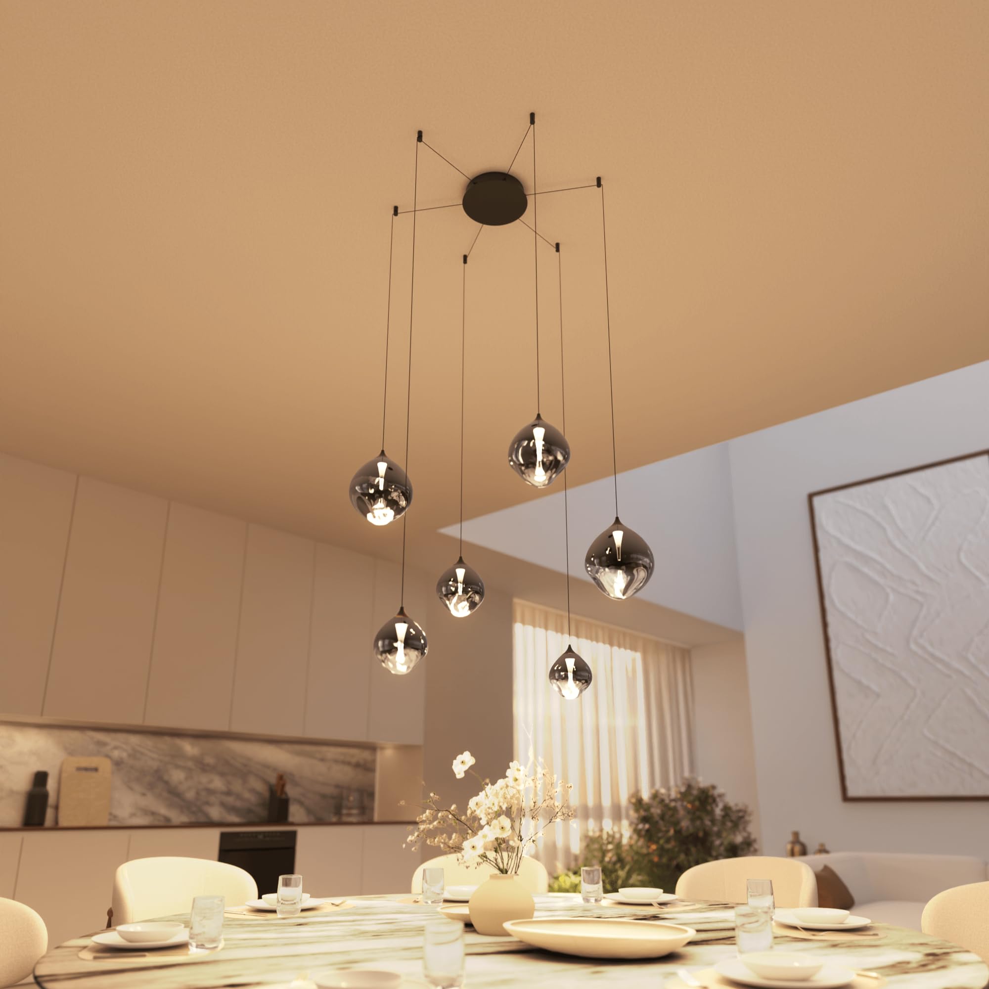 NEONA SOMOS LED Pendelleuchte 6-flammig mundgeblasenes Glas – Hängeleuchte Esstisch dimmbar, warmweiß 2700K, 23W, 2100lm, höhenverstellbar (Schwarz)