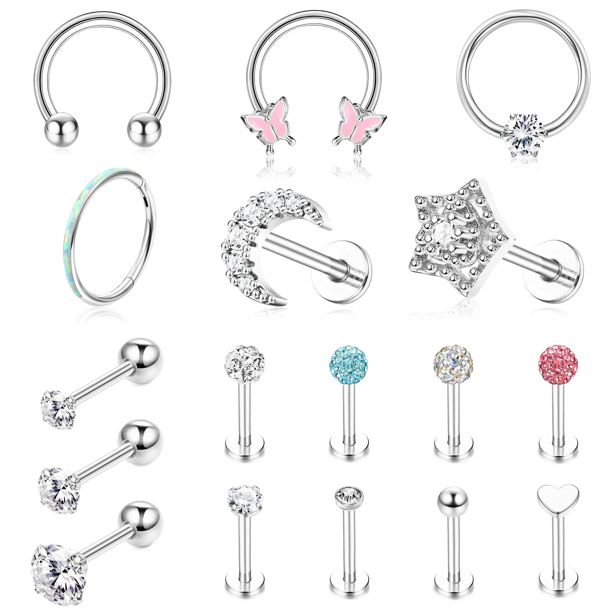MILACOLATO 17Pcs Piercing Oreja Cartílago Pendientes De Aro para Las Mujeres Piercing CZ Opal Acero Inoxidable 16G Labret Flat Back Pendientes Daith Tragus Helix Pendientes 8mm