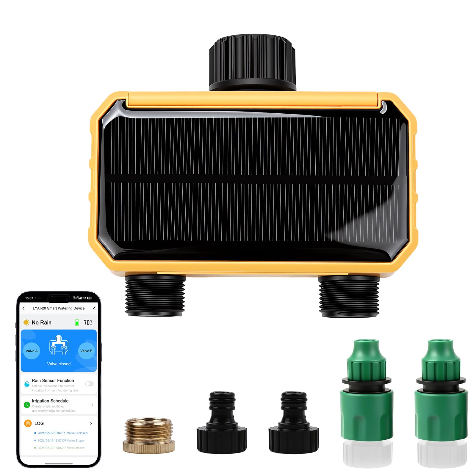 Smart Programmateur Arrosage WiFi 2 Voies, Solaire y Batterie Intégrée, Contrôleur d'irrigation Automatique à Distance Wi-FI pour Plantes D'intérieur, Jardin