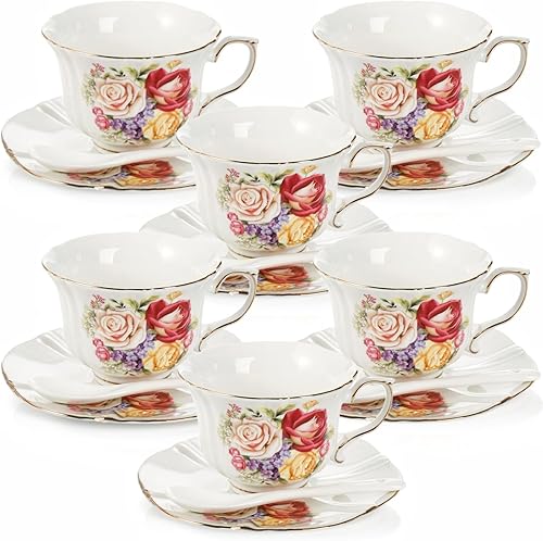 Juego de 6 tazas de té y platillos, juego de tazas de café de cerámica floral de 8 onzas con cuchara, tazas de té británicas vintage con borde