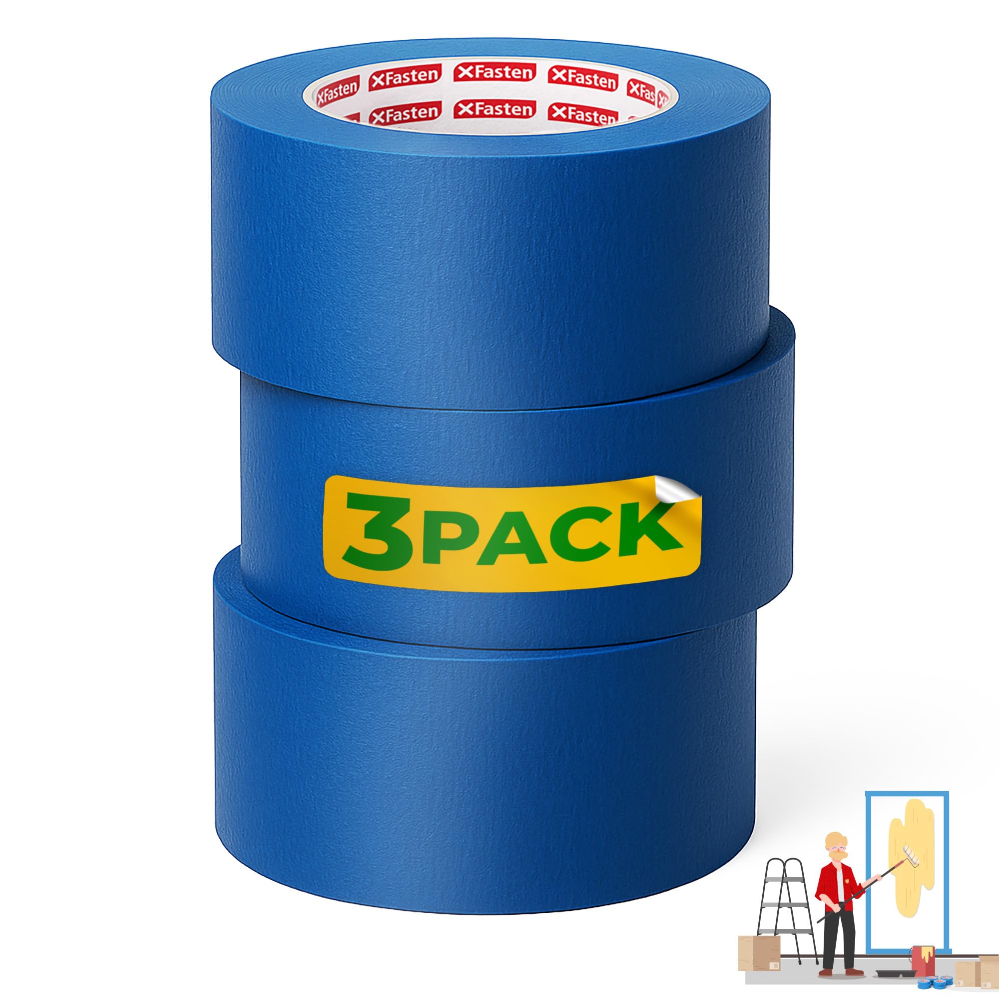 XFasten Blue Painters Tape 540 Feet 3 Inch X 60 Yards (3-Pack) Wide Painters Tape Blue Masking Tape Paint Tape for Walls, Painters Tape Car Strong Adhesion, No Mess Blue Tape Masking Tape for Painting
