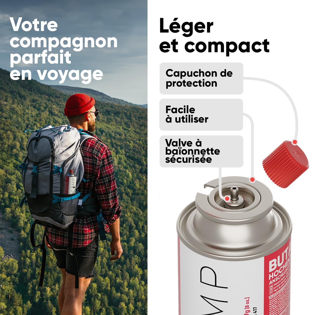 EVOCAMP Bouteille de gaz Butane Type MSF-1a Valve à baïonnette idéale pour réchaud Camping Chauffage au brûleur Mauvaises Herbes Cartouche Universelle sous Pression