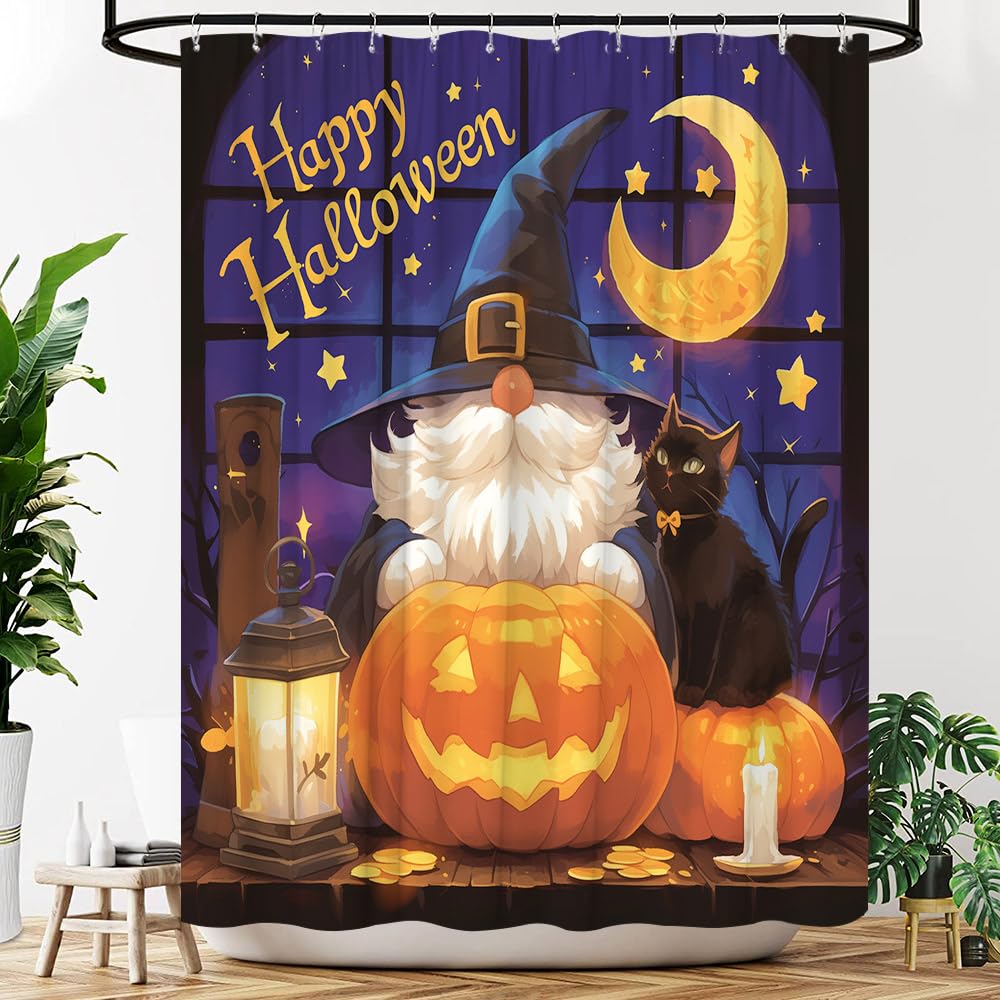 Kalmico Halloween Duschvorhang – Gothic Katzen-Motiv Mit Kürbis, Spinnen & Fledermäusen, 152x183 Cm, Wasserabweisend, Inkl. 12 Haken