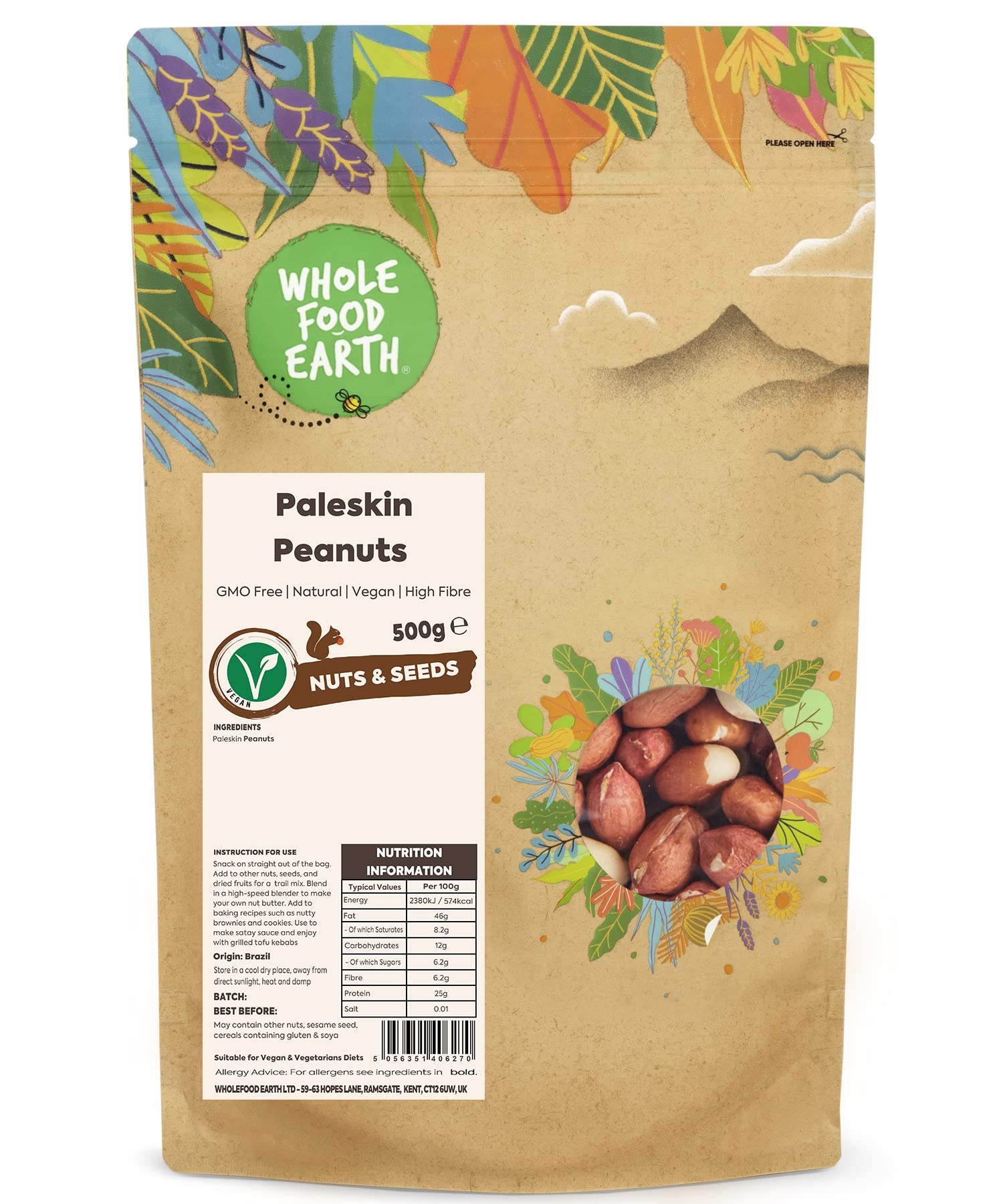 Wholefood Earth - Paleskin Peanuts 500 g | GMO Free | Natural | Vegan | High Fibre