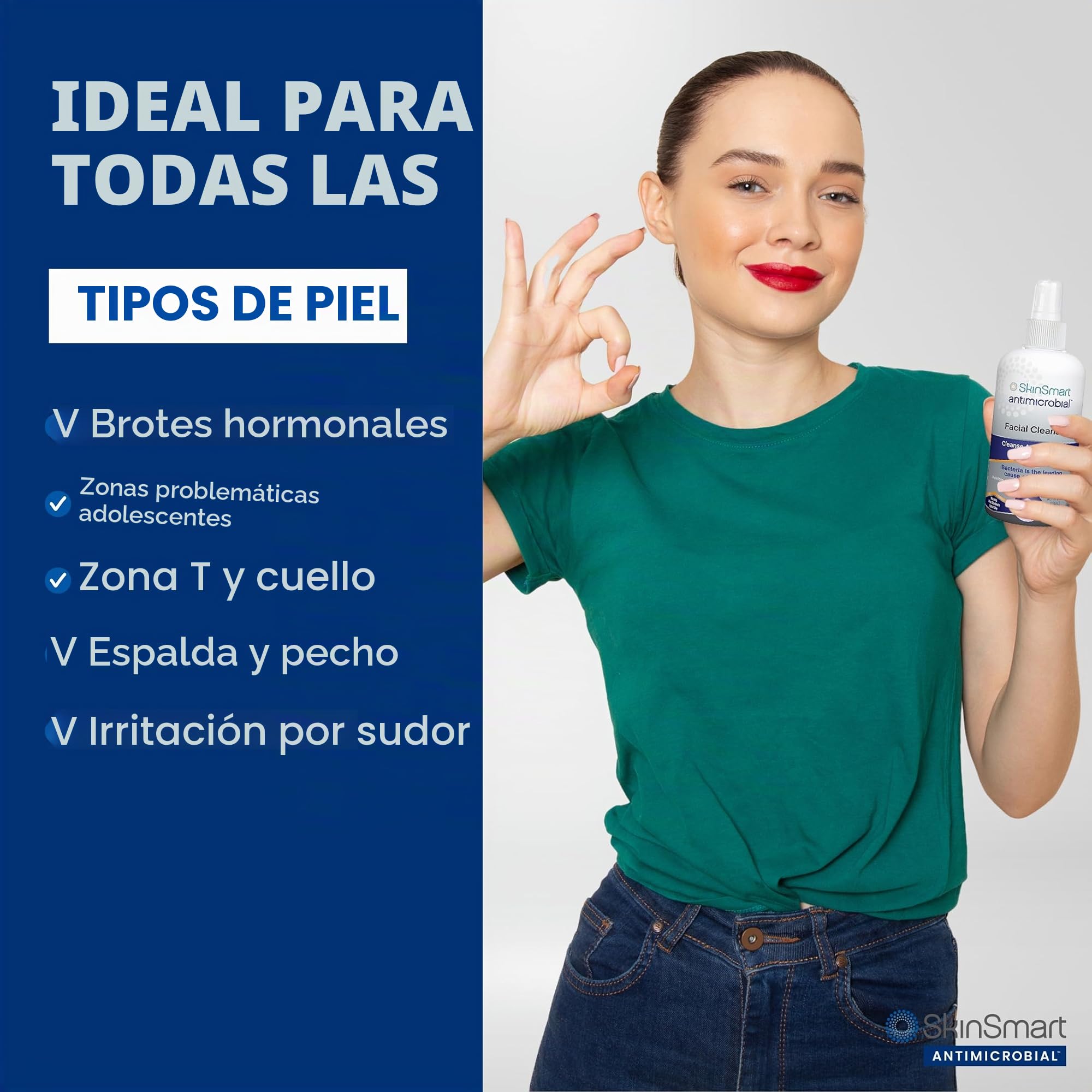 SkinSmart Limpiador facial para acné, objetivos de bacterias para atletas adolescentes activos después del entrenamiento, botella de spray de 8 oz, seguro para múltiples usos diarios