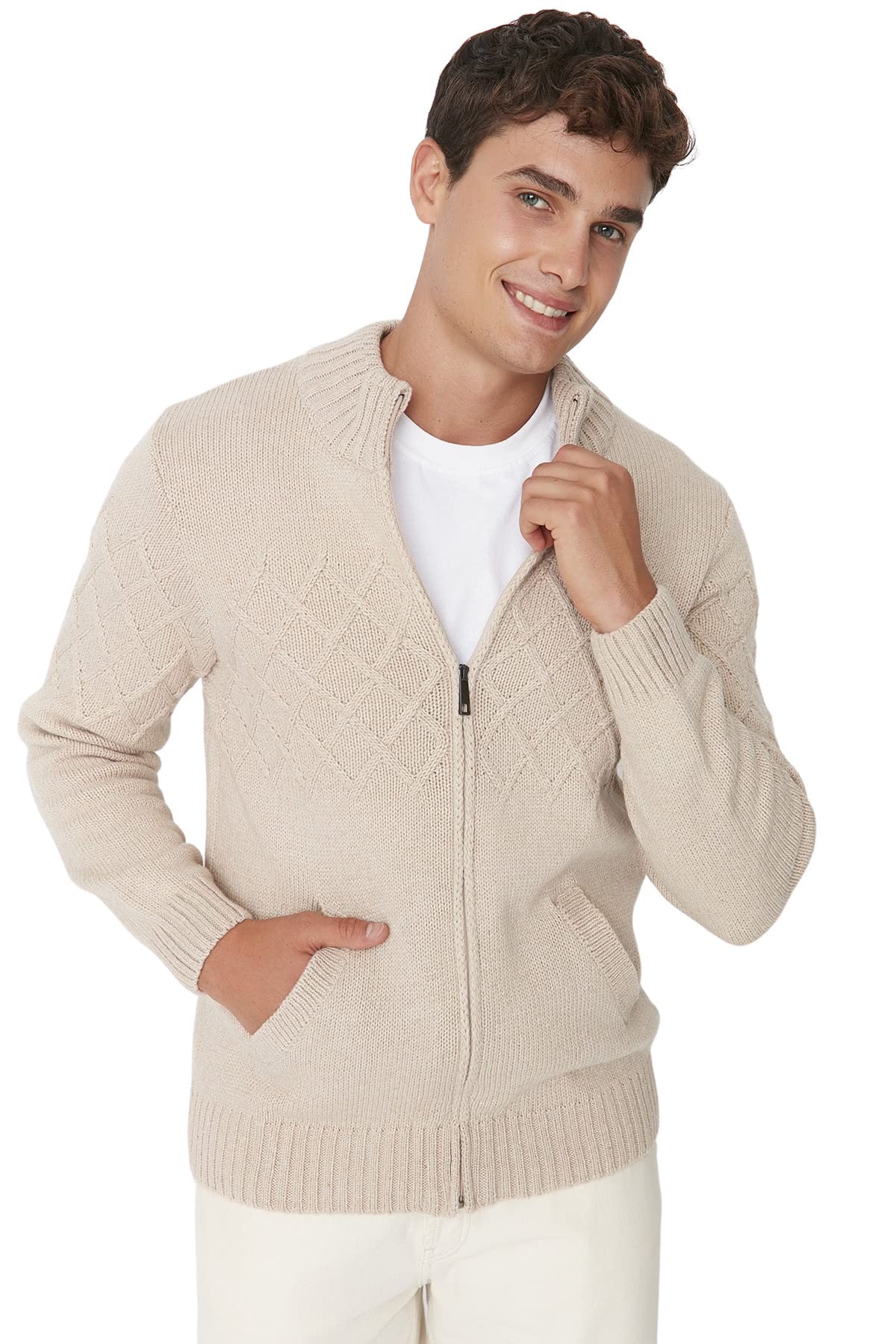 Trendyol Collection Herren Beige Regular Fit Woolen Half Fisherman Zip Closure Textured Knitwear Cardigan Für - Klein