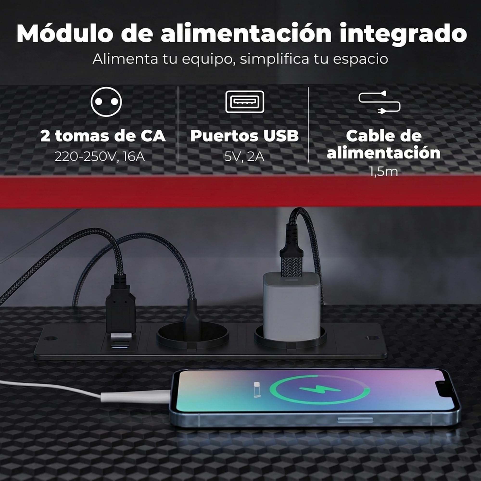 HOMCOM Mesa Gaming Esquinero con Enchufes en Forma de L 128x128 cm Negro | Mesa Escritorio, Soporte para Monitor, Gancho para Auriculares, Portavasos, Mesa de Ordenador, Oficina, Casa