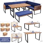 DORTALA Patio Dining Set for 8, Acacia Wood Outdoor Sectional Sofa Set with Table, 6 Sofas, Bench, Cushions for Backyard Poolside Deck, Navy