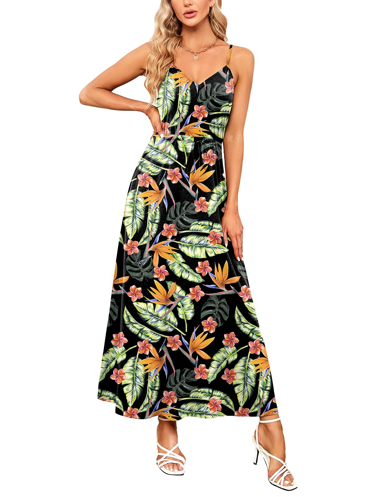 HUSKARY Womens Summer Sleeveless V Neck Spaghetti Strap Pockets Beach Boho Vacation Casual Spring Maxi Dress