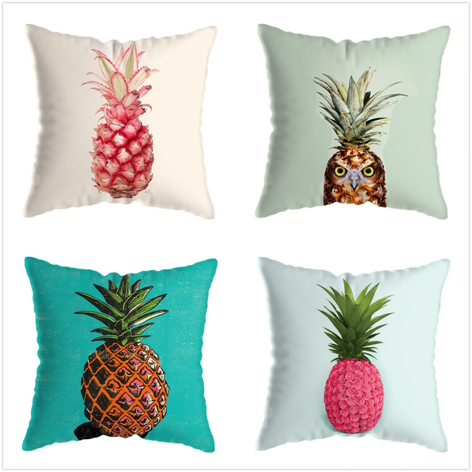 Juego de 4 Impermeable Funda de Cojín Fruta de piña,55x55cm Moderno Suave Transpirables Lino Fundas de Almohada Cojines Decorativos con Cremallera Oculta para Exterior Sofá Cama Coche Hogar