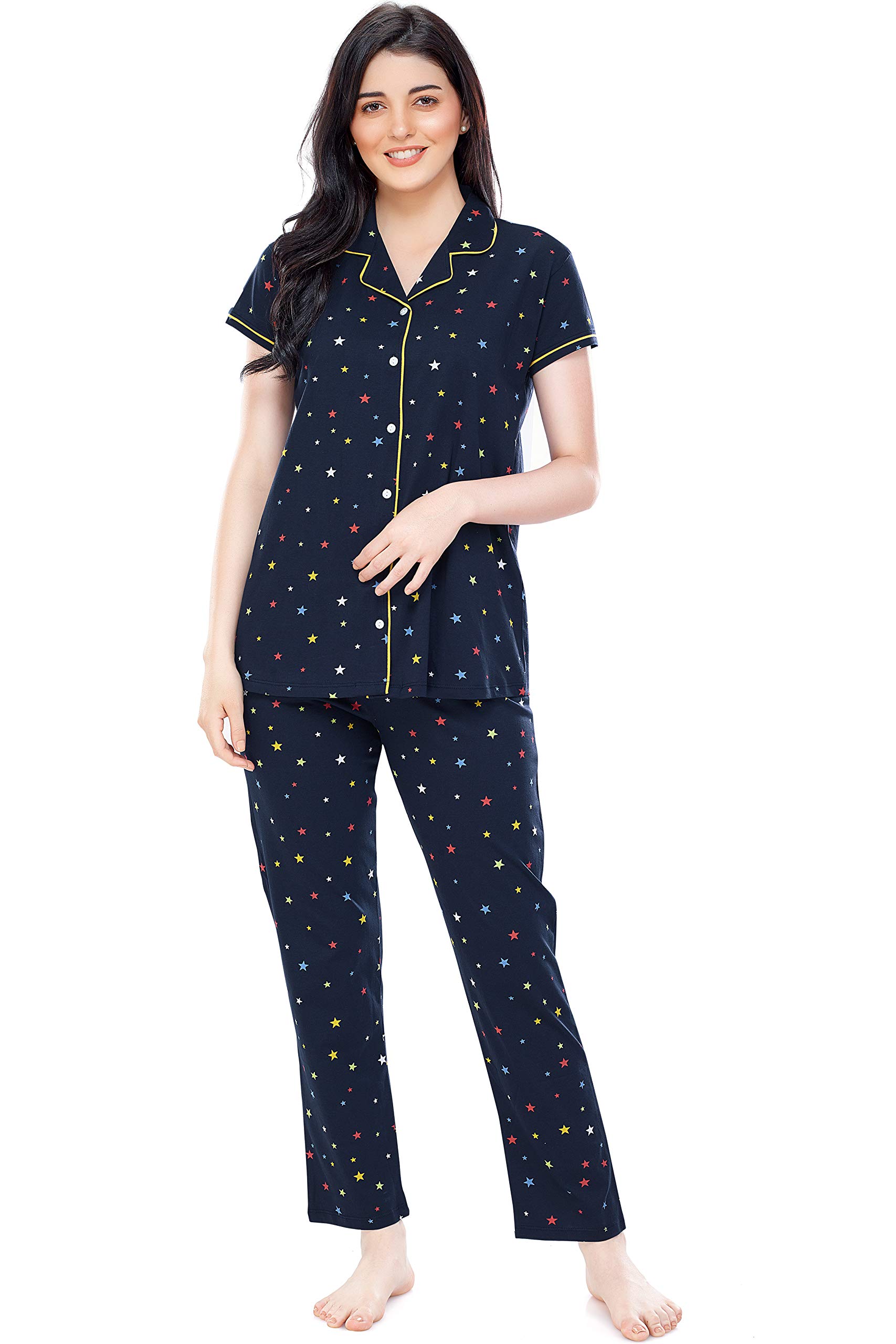 ZEYOWomen's Cotton Star Printed Night Suit Set of Shirt & Pyjama 5264