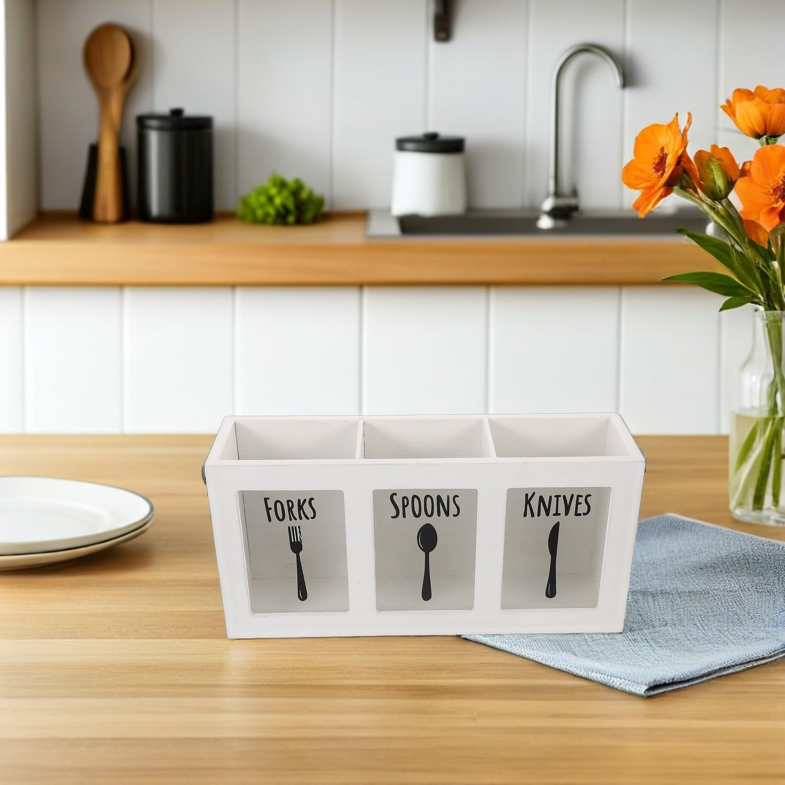 Caja de Cubiertos de Madera 3 Compartimentos para Almacenamiento Duradero y Soporte para Utensilios de Cocina en Encimera, Adecuado para Cocina y Cenas