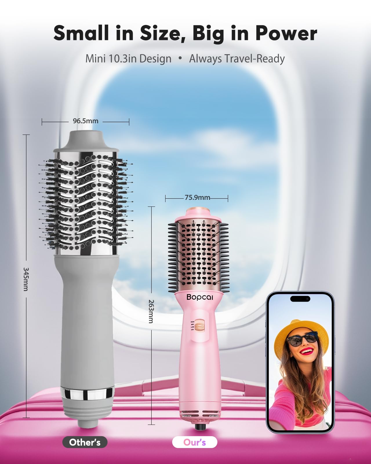2" Travel Blow Dryer Brush, Dual Voltage 100-240V Hot Air Brush, 4-in-1 Ionic Hair Dryer Brush for Blowout, Volumizing, Straightening, Curling & Drying, Portable with EU UK Plug — view 2