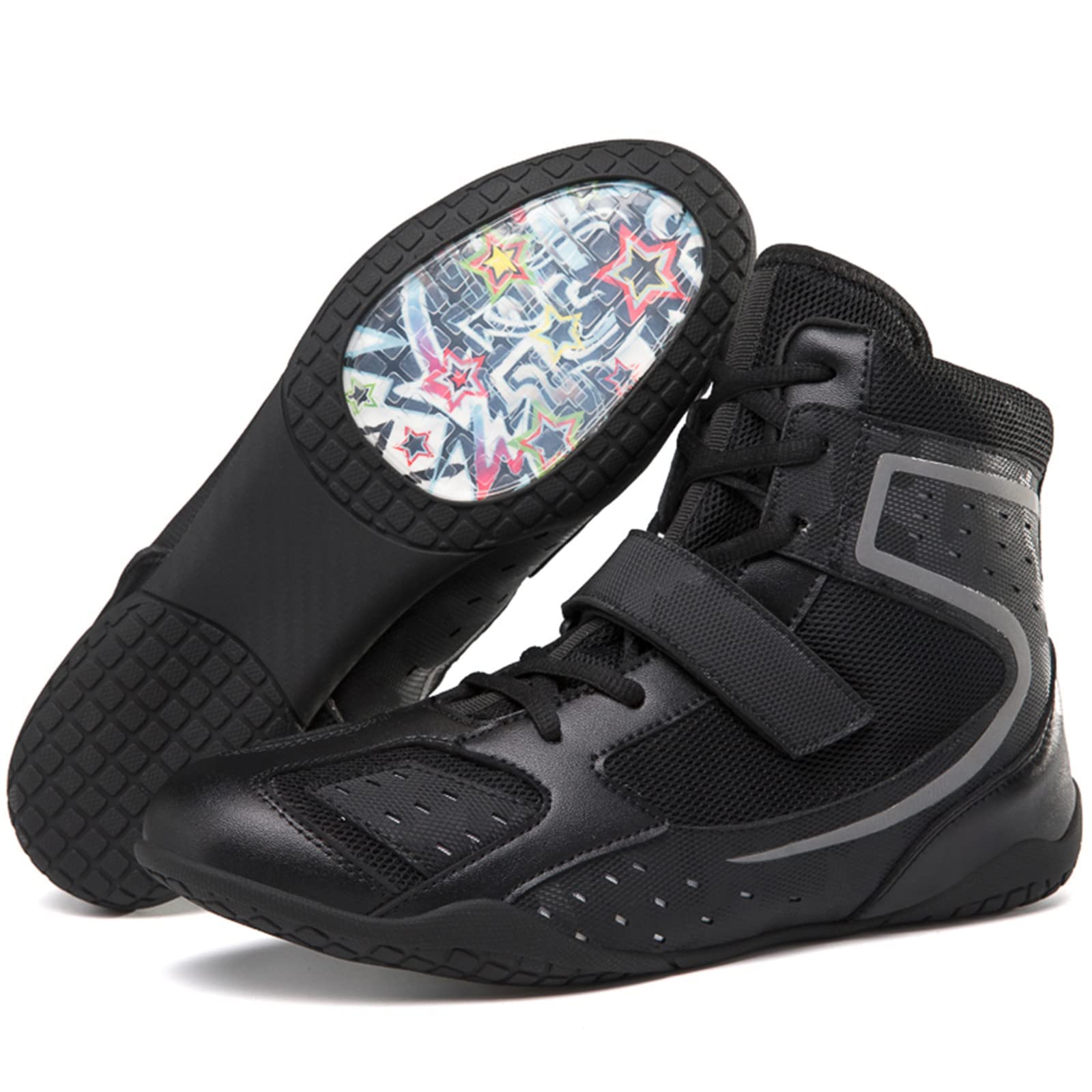 DAMANDO Frauen Boxstiefel, Atmungsaktive Gewichtheben Kickboxen Schuhe Leichte Casual High Top Wrestling Turnschuhe,Schwarz,39 EU