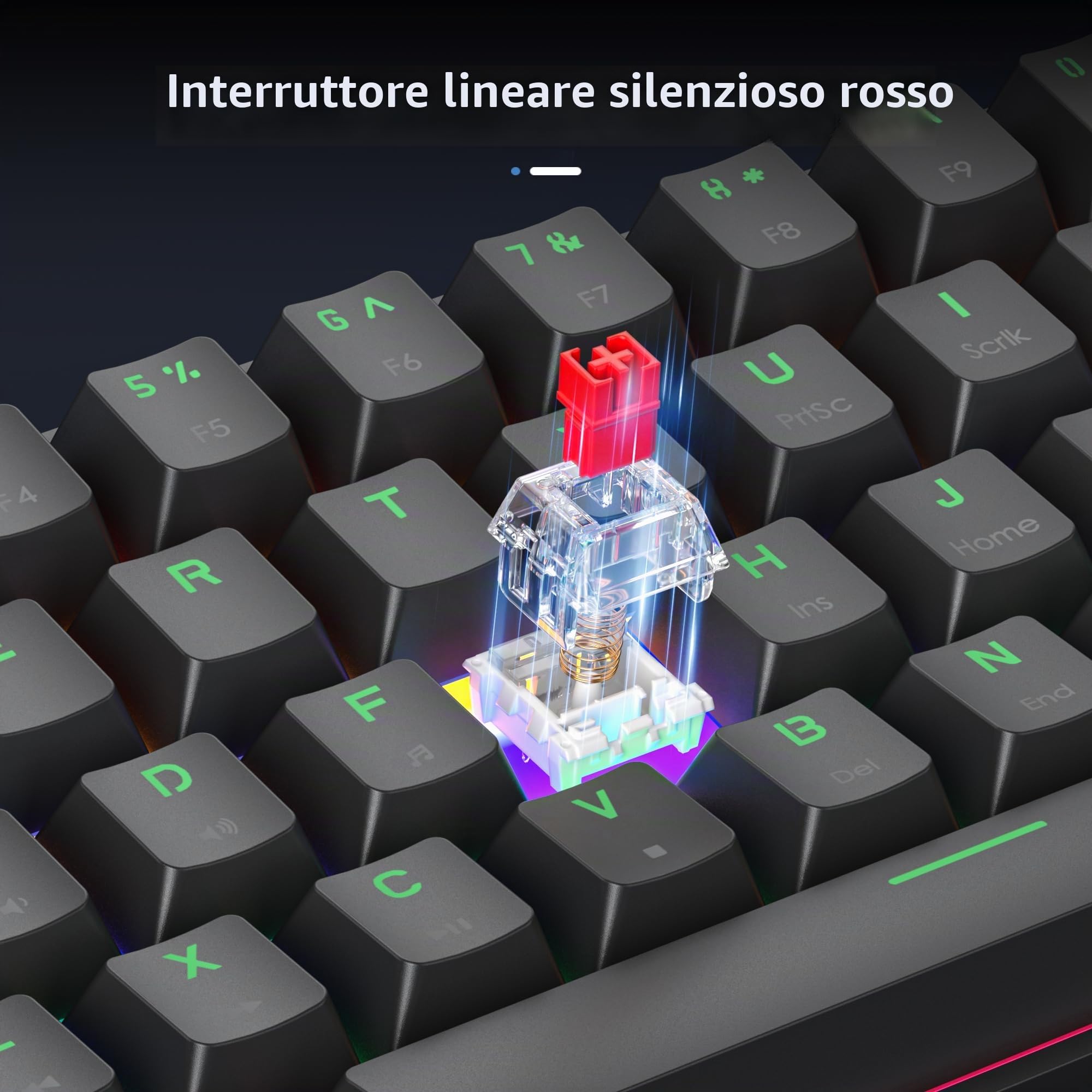 Tastiera Meccanica 60%, 61 Tasti, Mini Tastiera Gaming 60 Percento Retroilluminazione, QWERTY Americana，Switch Lineari Rossi, PBT Keycaps Anti-Ghosting Compatta per PC/Mac