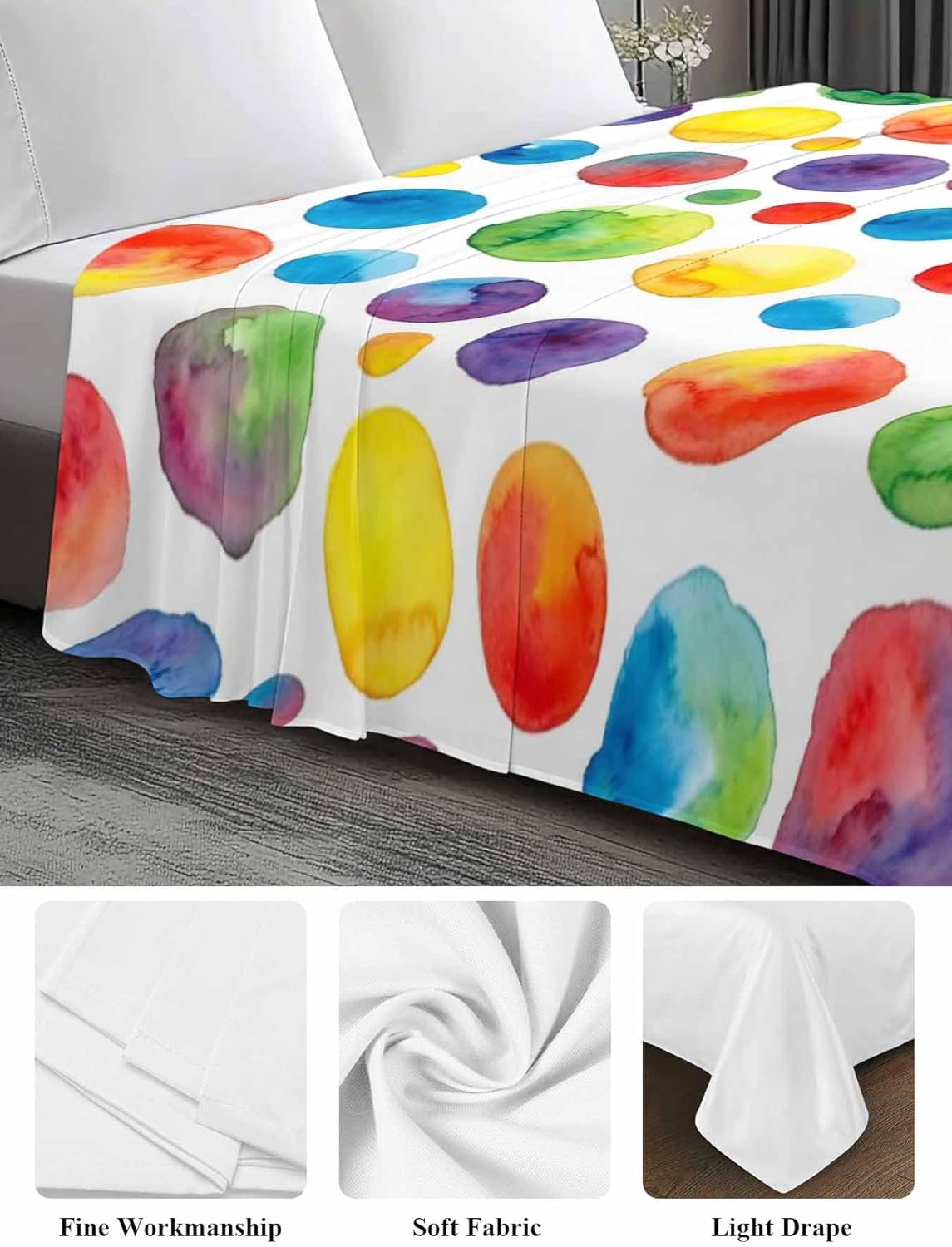 Top Sheet Full Bedding Flat Sheet Only, Seamless Colorful Polka Dots Microfiber Bed Sheets Soft Breathable Bedding Flat Sheets, Watercolor Circle on White Hotel Luxury Top Sheets