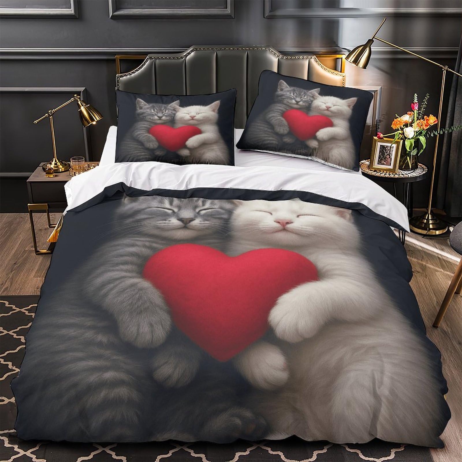 Parure de lit chat mignon housse de couette 140x200cm en microfibre douce avec fermeture éclair