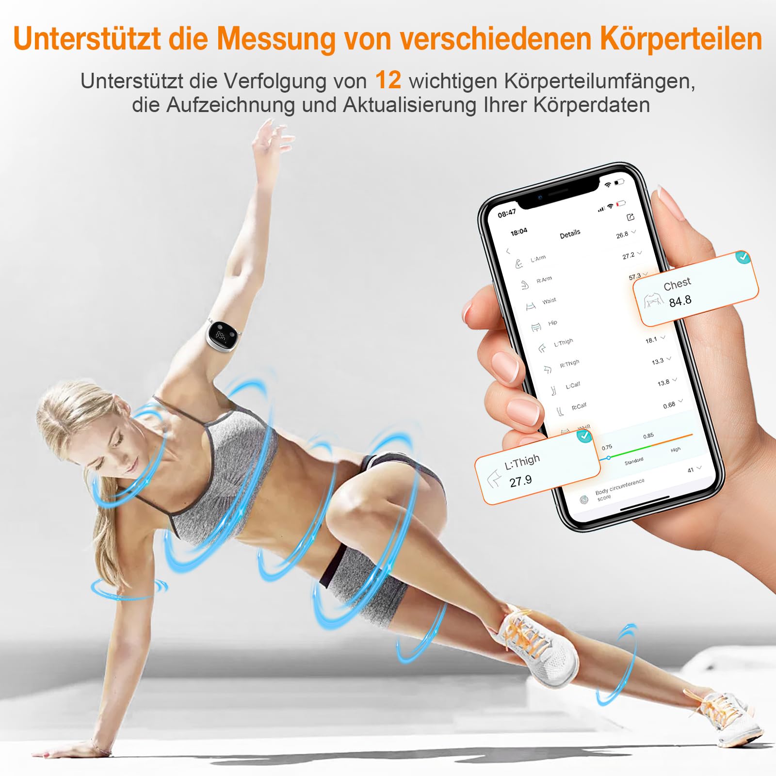 Smart Body-Maßband, Bluetooth-Maßband, Fitdays-App-Überwachung, Körpermaßband LED HD Vollbild für Fitness, Formgebung, Gewichtsabnahme und Aufzeichnung des Körperumfangs in cm oder zoll