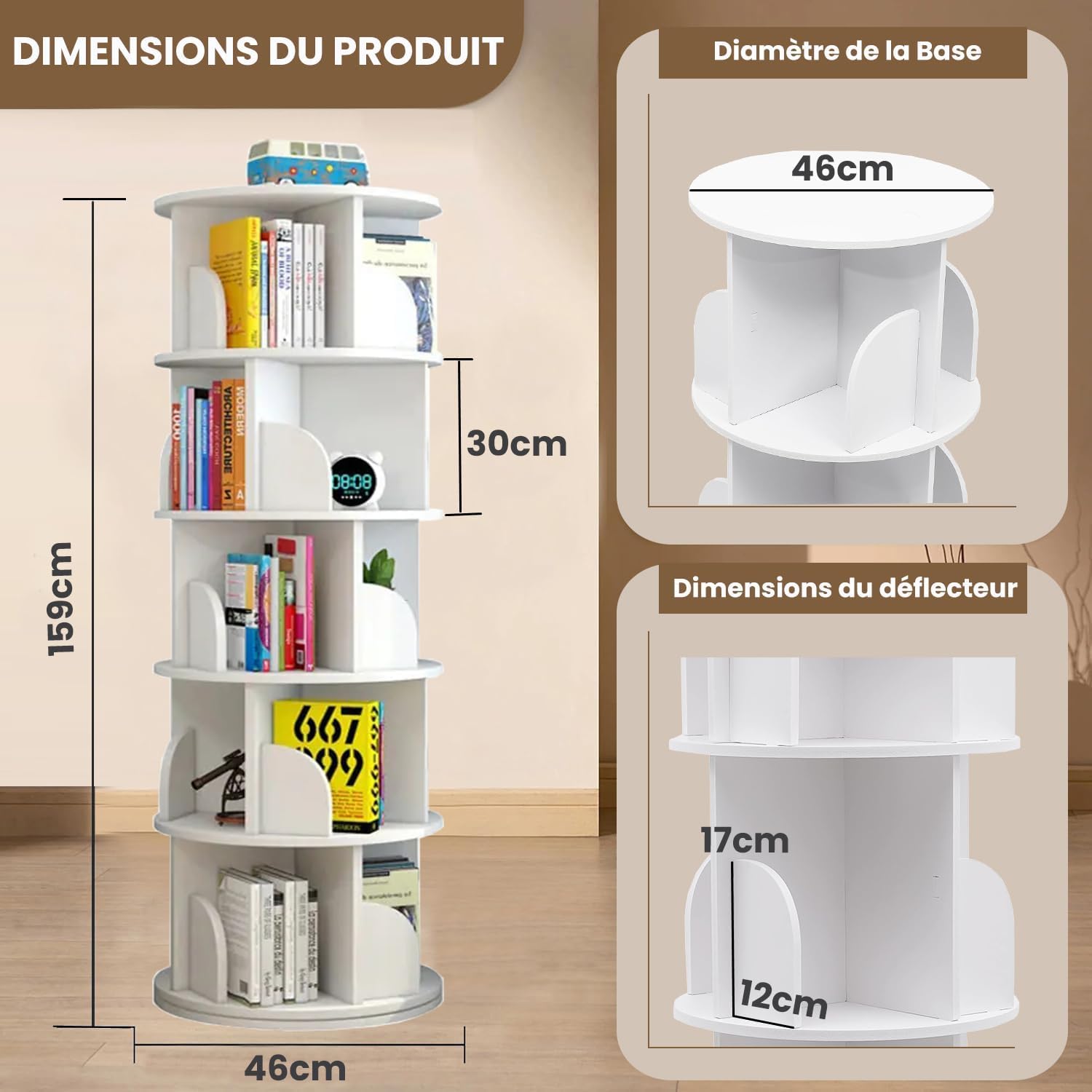 uyoyous Bibliothèque Rotative 360° à 5 Niveaux, Étagère Ronde Gain de Place en Bois d'Hévéa, avec Pare-Chocs Anti-Chute, pour Salon, Chambre, Bureau, Chambre d'enfant, Style Moderne
