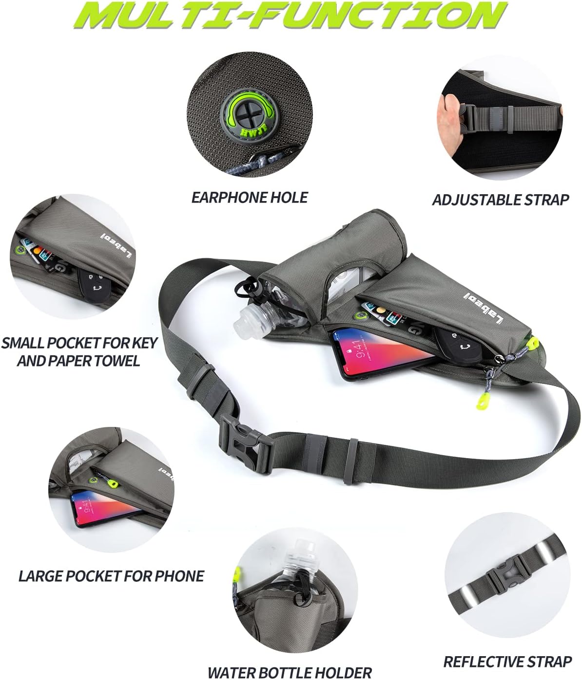 Running Belt, Waterproof Hydration Belt with Water Bottle Holder Hiking Walking Waist Pack Reflective Adjustable Fanny Pack Compatible for Phone Waistband Outdoor - Image 5