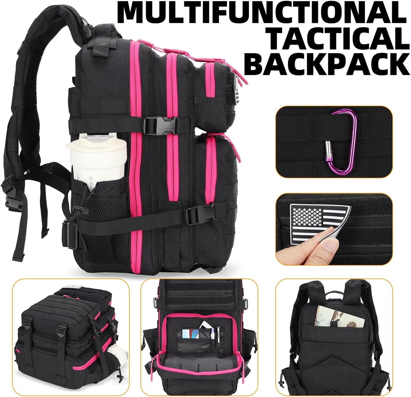 25L Tactical Military Backpack Small Travel Backpack for Men and Women Assault Pack Bug Out Bag Molle Daypack Gym Backpack with Bottle Holder (Black Neon Pink) - Image 6