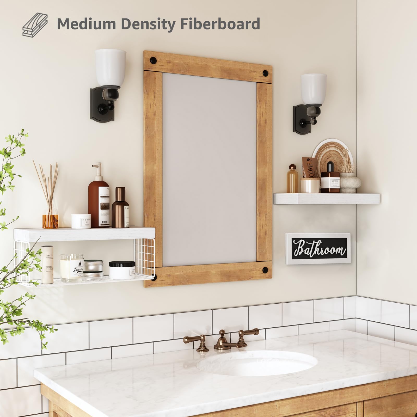 QEEIG Estantes de decoración de baño, juegos de decoración de pared de granja, estantes flotantes sobre el inodoro, soporte de papel higiénico pequeño 2+1, 16 pulgadas, blanco