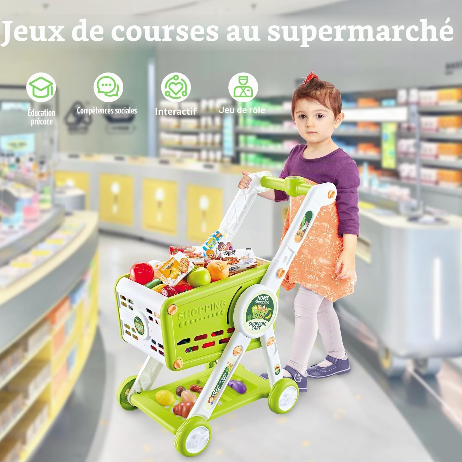 Chariot de Courses Enfant, 31Pièces Chariot de Supermarché Jouet avec Accessoires de Fruits Légumes Nourriture, Jeux de Rôle Caddie D'épicerie Magasin pour Garçons et Filles (Vert)