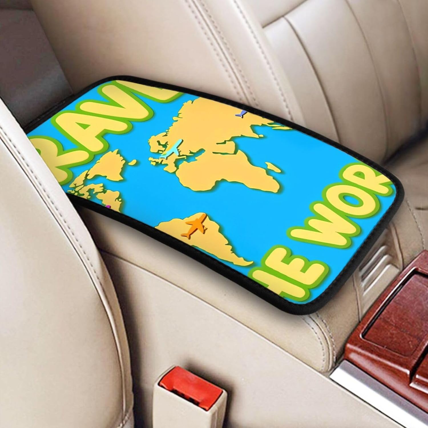 Travel the World 1 Print Car Center Console Cover Universal Neoprene Car Armrest Storage Box Decoration Protector Pad for Car Truck SUV, Interior Accessories