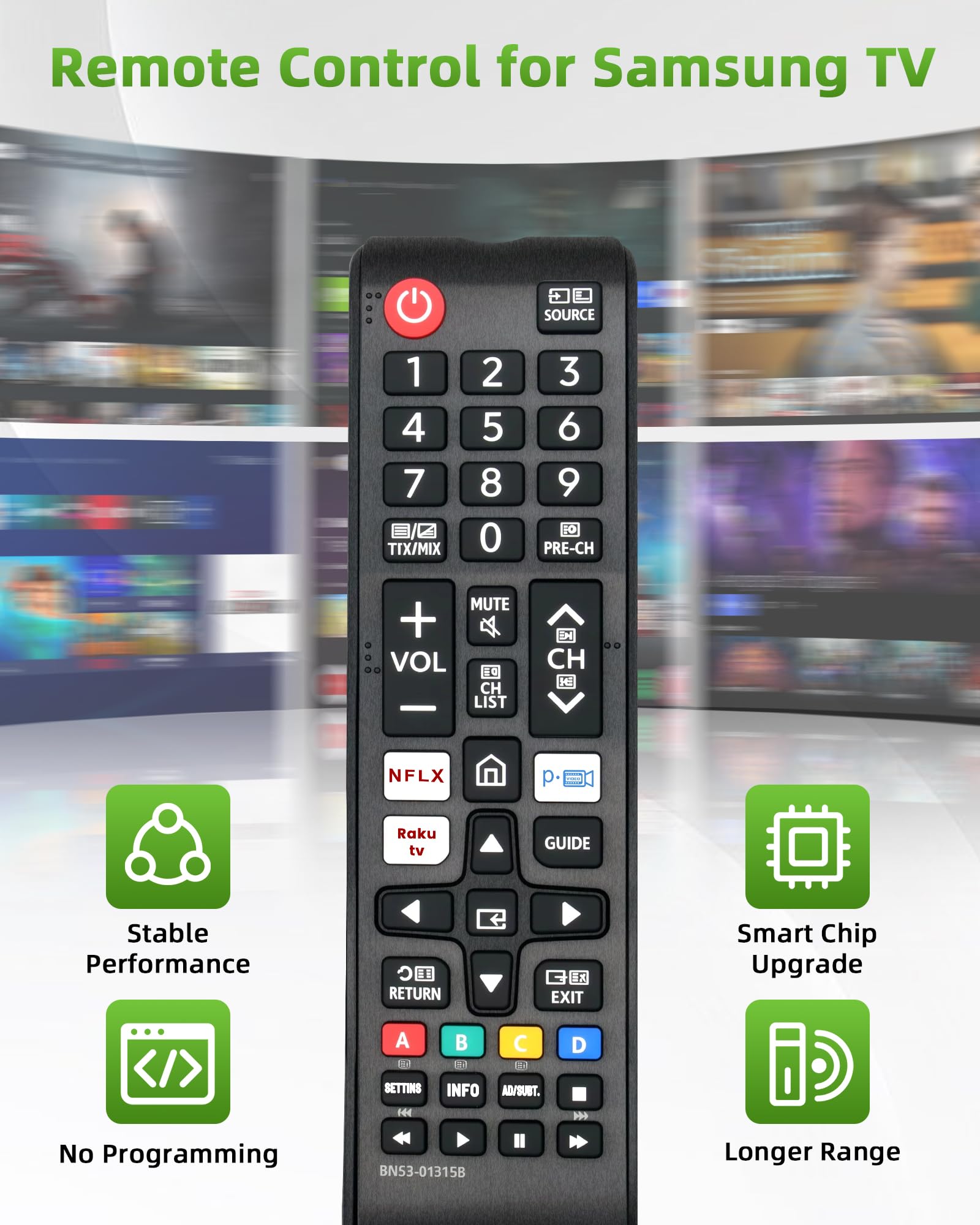 BN59-01315B Telecomando TV per Sam-sung, telecomando di ricambio per Smart TV Sam-sung LED QLED UHD 4K HDR con pulsanti Net-flix, Prime Video e Ra-kuten TV