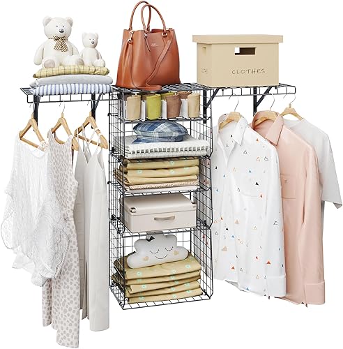 Miniatura 9 de X-cosrack Organizadores de armario ajustables montados en la pared y almacenamiento con cestas de 3 niveles, 2 estantes de alambre y divisores,