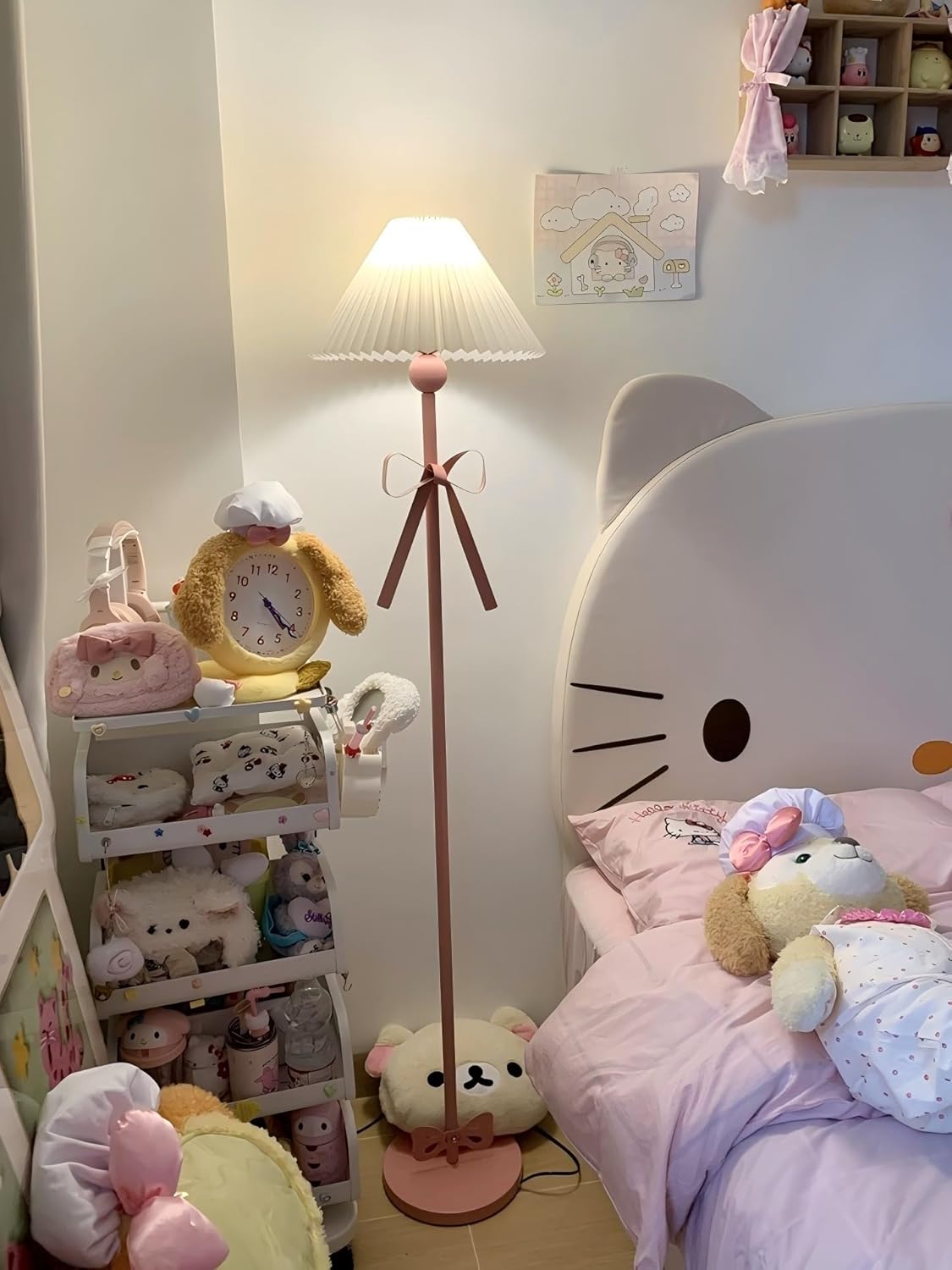 Pink Floor Lamp, Modern Corner Tall Lamp with Pleated Fabric Shade, E26 Base, Cute Bow Standing Lamp for Living Room Bedroom Girl's Room Decor