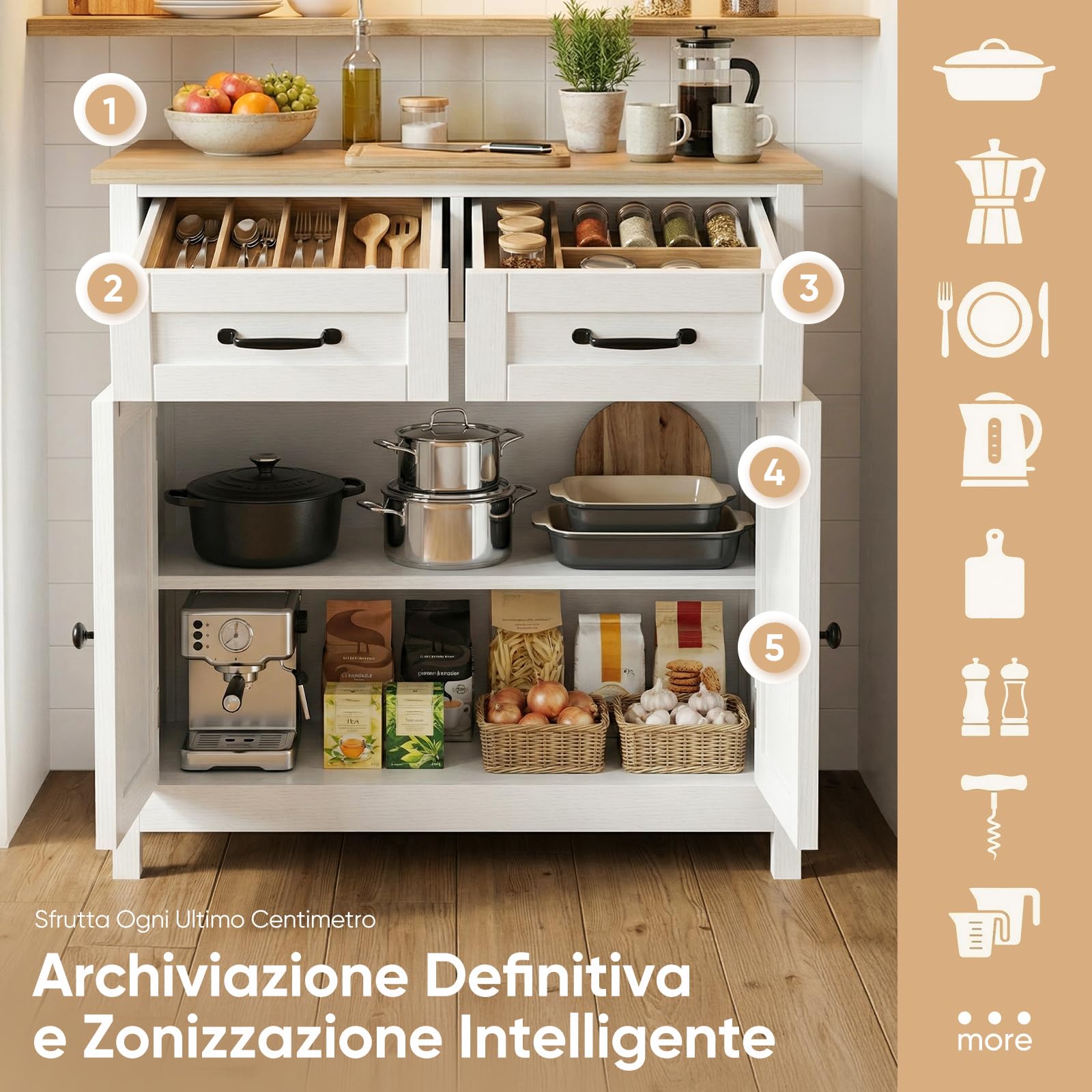 HOKEEPER Isola Credenza Bianca con Cassetti, Mobile Cucina Indipendente per Soggiorno, Sala da Pranzo e Corridoio
