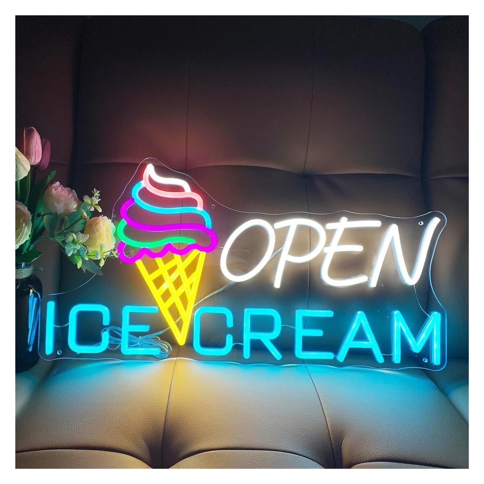 Shouxi One Color Sign Lamp Ice Cream Open Neon Signs Usb Powered Suitable For Bistro Man Cave Pub Decor 28.93Cmx56.88cm