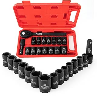 Meiwaltee 1/2-Inch Drive Metric Shallow impact Socket Set,16 PCS Metric 10 - 24mm Set,Includes 72-Tooth Ratchet and 3'' Extension Bar,Cr-V, 6 Point