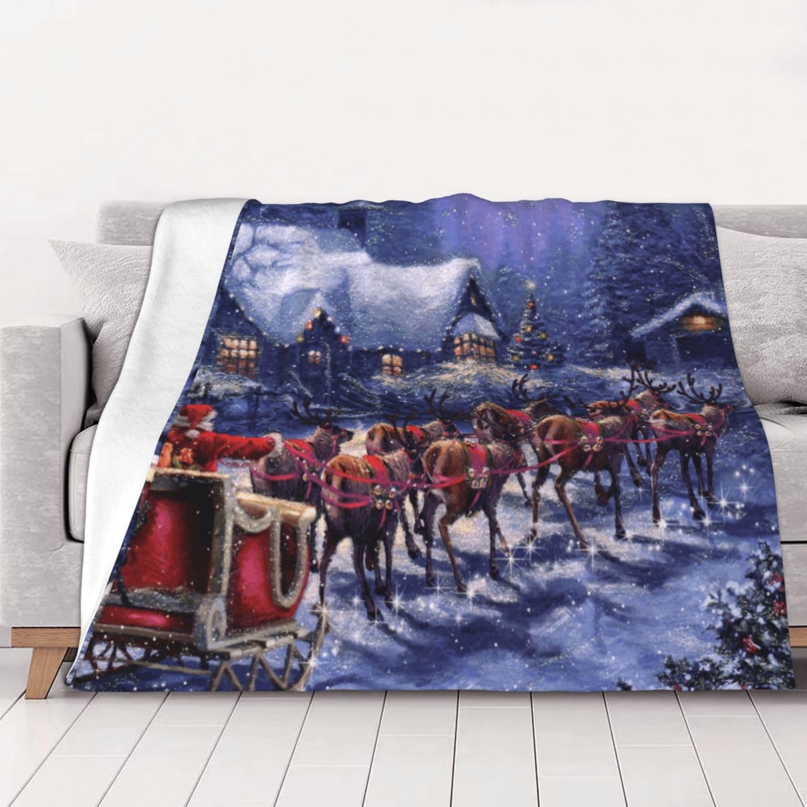 AUBKFELD Snow Night Santa and Deer Printed Flannel Blanket 125x100 CM, Soft & Warm Throw Blanket for Sofa/Couch/Bed/Car, Gifts for Audlts Women Men