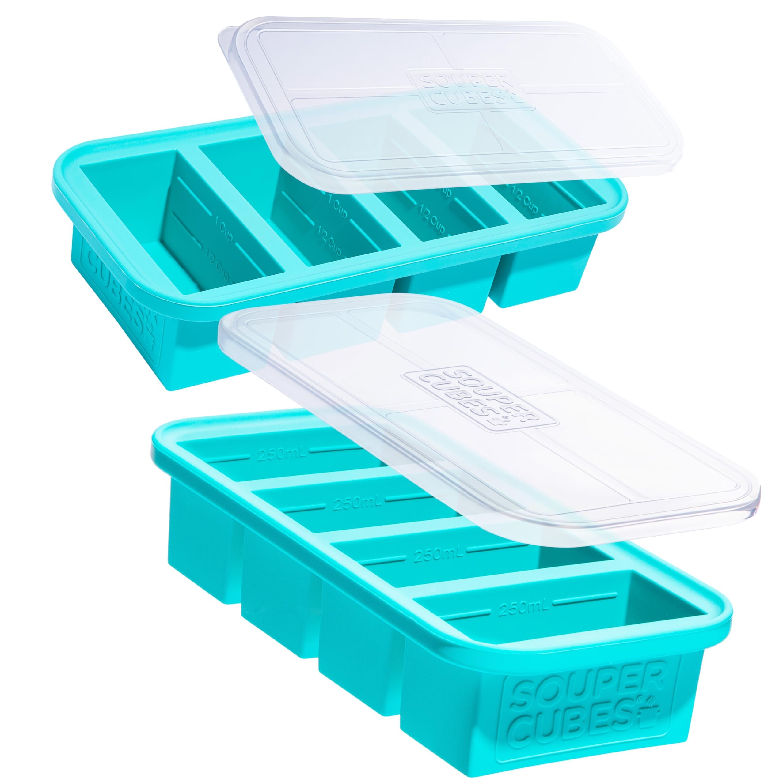 1 Cup Silicone Freezer Tray With Lid - Easy Meal Prep Container and Kitchen Storage Solution - Silicone Molds for Soup and Food Storage - Aqua - 2-Pack