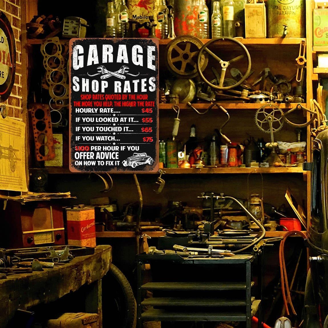 Garage Signs For Men Mechanic Workshop Metal Sign Man Cave Decor Garage Shop Rates Tin Sign Vintage Personalized Garage Signs Garage Accessories Car Mechanic Gifts For Men 8 x 12 Inches - Image 2