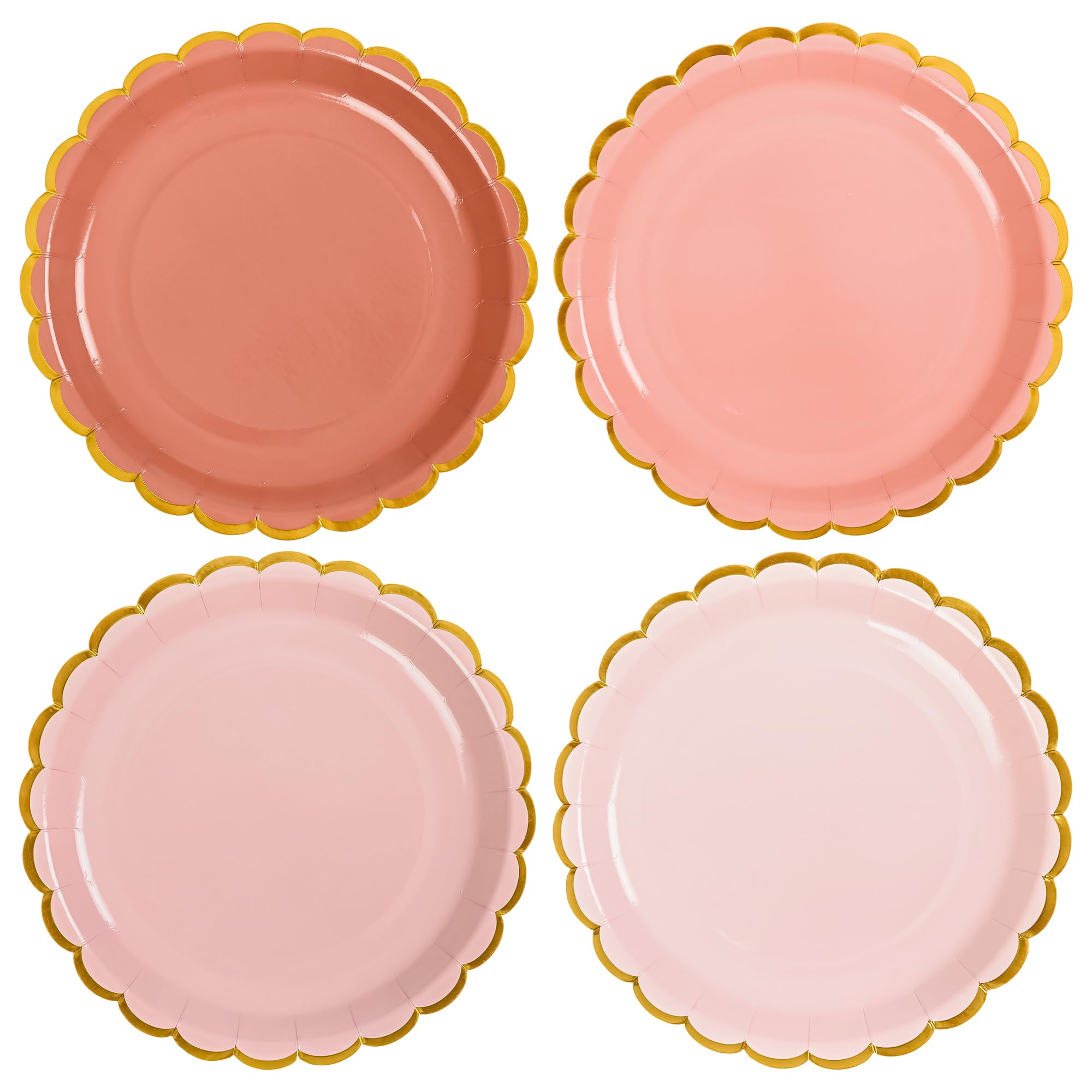 AimFun 24 Pcs Dusty Pink Scalloped Party Plates Valentines Day Gold Foil Border Paper Plates Disposable 9inch Gradient Serving Plates for Birthday