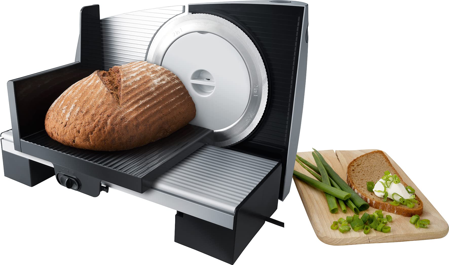 Steba Allesschneider AS 200, Made in EU, Solinger Edelstahlmesser, Schnittst?rke bis 15mm einstellbar, Leichtg?ngiger Schlitten mit Handschutz und Lebensmittelhalter, Doppelter Sicherheitsschalter