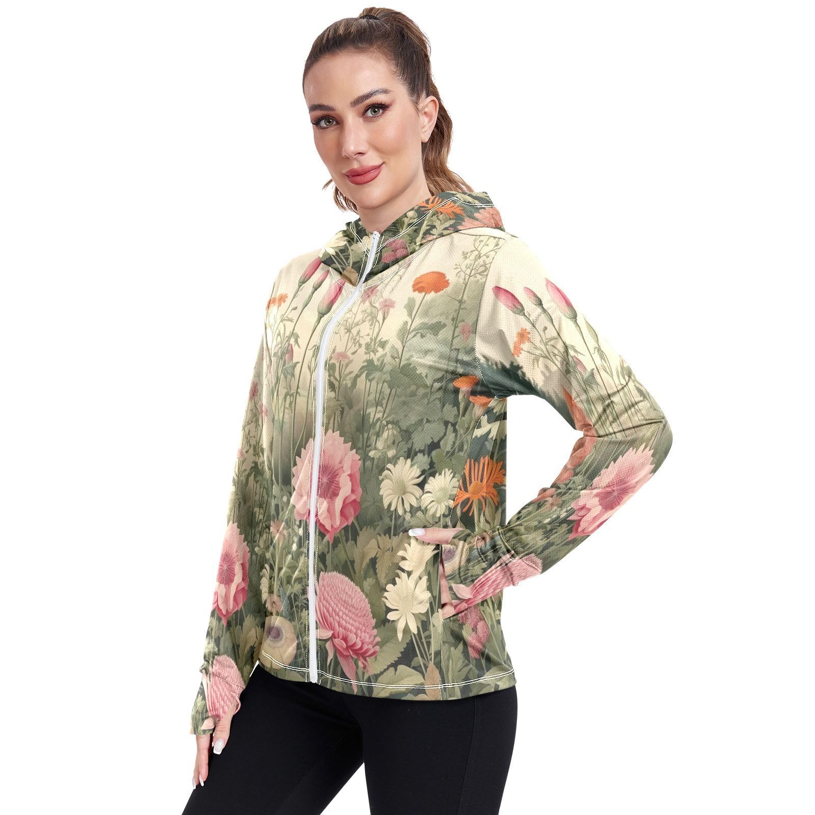 Kigai Flower Women's UPF 50+ Sun Protection Hoodie Jacket with Pocket Zip Long Sleeve Sun Shirt for Gardening Hiking Outdoor